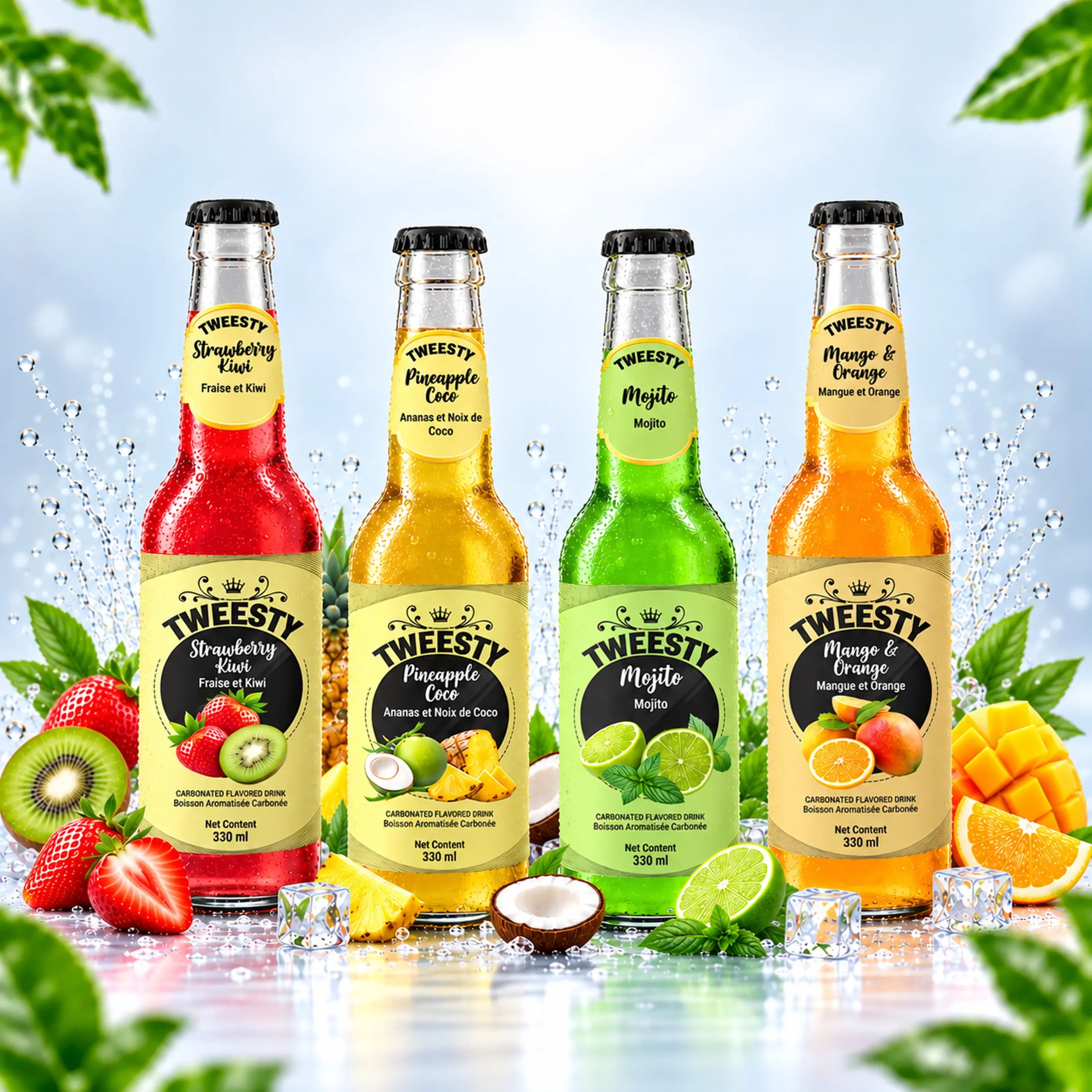 TWEESTY assorted carbonated flavoured drinks in Pomegranate, Mojito Strawberry, Mango Orange, Mojito, Strawberry Orange, Pineapple Coco and Mango Peach flavours, 330ml glass bottles